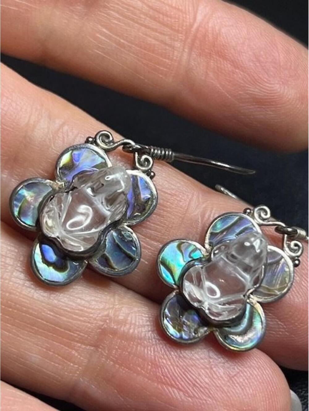 B4500 SAJEN Sterling Silver Dangle Earrings Abalone Shell Carved Quartz